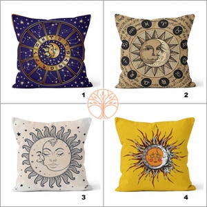 Funda de almohada Sol y Luna/Funda de cojín Sol amarillo/Decoración astrológica para el hogar/Funda de almohada decorativa espacial/Funda de cojín con estampado de Sol, Luna y Estrellas