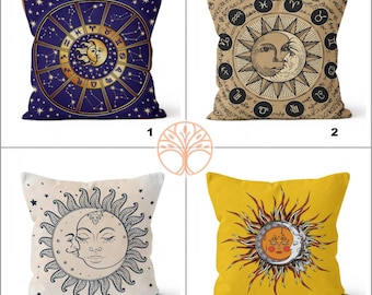 Örngott med sol och måne | Gult kuddfodral med sol | Astrologisk heminredning | Dekorativt rymdörngott | Kuddfodral med sol, måne och stjärnmönster