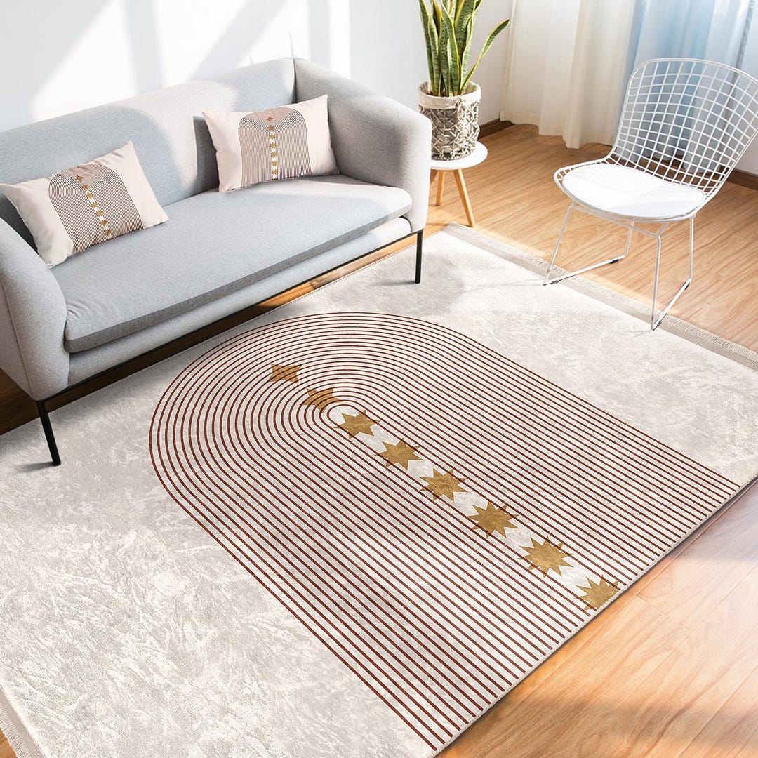 Arched Line Rug With Golden Stars|modern Abstract Carpet|neutral Tones ...