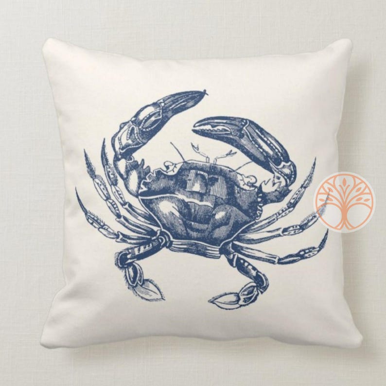 Beach House Pillow Case|Navy Marine Pillow Cover|Nautical Blue Gray Cushion|Seaweed Throw Pillow|Octopus Crab Home Decor|Porch Pillow Case