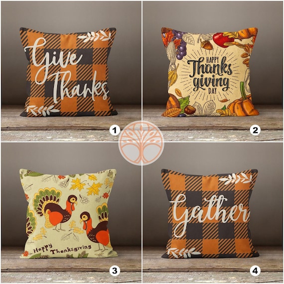 Thanksgiving Pillow Covers|Fall Trend Cushion Case|Plaid Gather Throw Pillow|Happy Thanksgiving Cushion|Housewarming Give Thanks Pillow Top