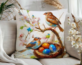 Bird Nest Pillow Cover|Colorful Easter Eggs Cushion Case|Rustic Spring Farmhouse Decor|Easter Throw Pillow Top