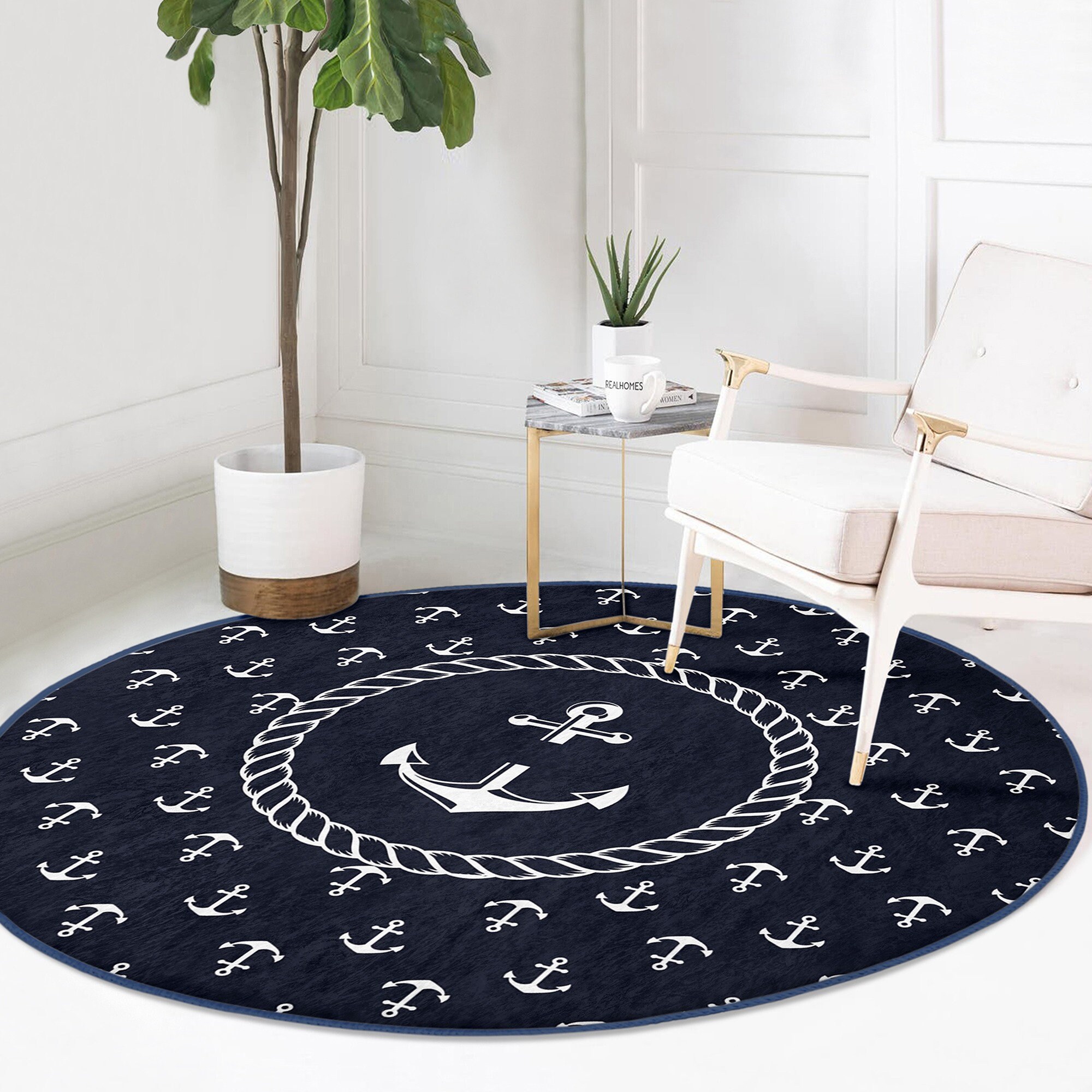 Nautical Round Rug|non-slip Round Carpet|blue White Navy Anchor and ...