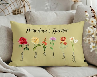 Personalized Mother's Day Pillow Case|Custom Birth Month Flower with Kid's Name Lumbar Pillow Sham|Floral Porch Cushion Case,Gift for Her