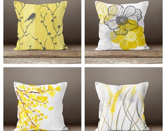 Yellow Floral Pillow Covergray Bird on Treedecorative Fall - Etsy ...