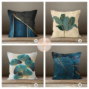 Funda de almohada decorativa color esmeralda/Funda de almohada con hojas azules/Funda de cojín floral/Relleno de cojín para inauguración de casa/Decoración de estilo rústico para primavera