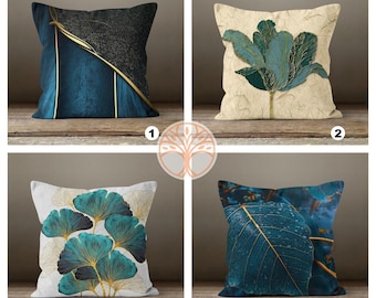 Decorative Emerald Pillow Case|Blue Leaf Pillow Cover|Floral Cushion Case|Housewarming Throw Pillow Top|Farmhouse Style Spring Trend Decor