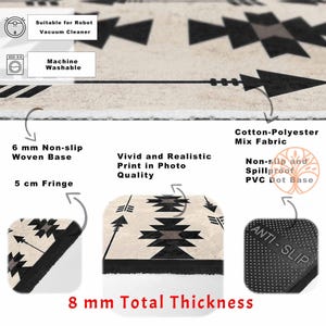 May include: A black and white geometric patterned rug with fringe. The rug has a 6 mm non-slip woven base, a 5 cm fringe, and a 8 mm total thickness. The rug is made of a cotton-polyester mix fabric and has a non-slip and spillproof PVC dot base.