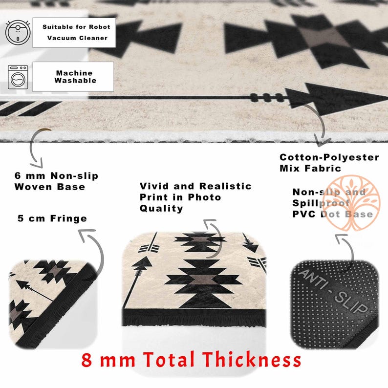 May include: A black and white geometric patterned rug with fringe. The rug has a 6 mm non-slip woven base, a 5 cm fringe, and a 8 mm total thickness. The rug is made of a cotton-polyester mix fabric and has a non-slip and spillproof PVC dot base.