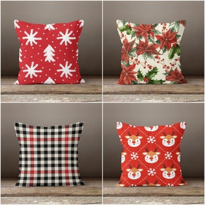 Winter Trend Pillows|Xmas Red Poinsettia Decor|Snowflake and Pine Tree Drawing Pillow Case|Cute Deer Cushion Case|Red White Pillow Cover