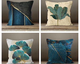 Decorative Blue Pillow Case|Leaves Pillow Cover|Floral Cushion Case|Housewarming Throw Pillow Cover|Farmhouse Style Blue Green Home Decor