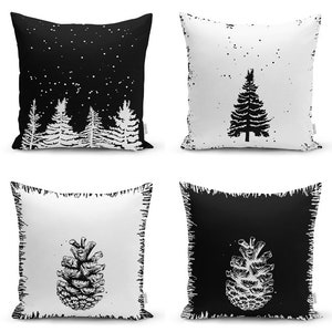 Set di 4 federe per cuscini di tendenza invernale/Decorazione per la casa con albero di pino bianco e nero e pigna/Cuscino decorativo per Natale/Copricuscino natalizio