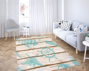 Beach House Rectangle Rug|Non-Slip Nautical Carpet|Coastal Area Rug|Sailing Ship, Starfish, Seashell and Wheel Multi-Purpose Anti-Slip Rug