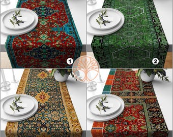 Rug Design Table Runner|Turkish Kilim Table Centerpiece|Ethnic Print Home Decor|Authentic Rug Tabletop|Farmhouse Style Worn Looking Runner