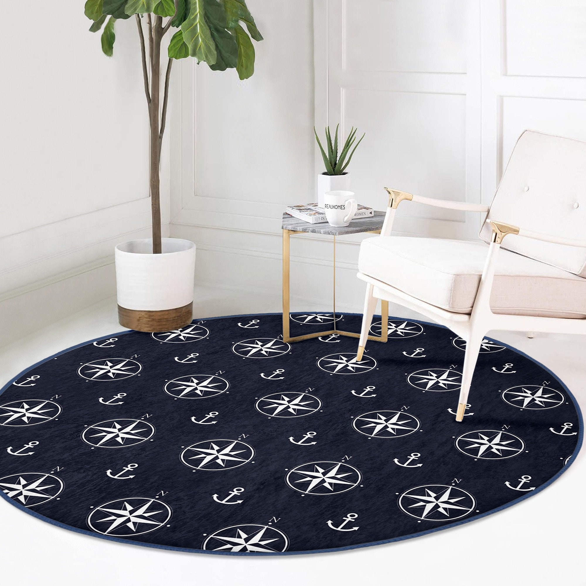 Nautical Round Rug|non-slip Round Carpet|blue White Navy