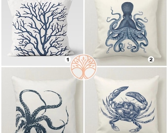 Beach House Pillow Case|Navy Marine Pillow Cover|Nautical Blue Gray Cushion|Seaweed Throw Pillow|Octopus Crab Home Decor|Porch Pillow Case