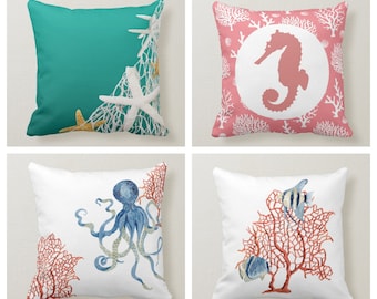 Beach House Pillow Case| Navy Marine Pillow Cover|Decorative Nautical Cushion |Coastal Throw Pillow|Blue Starfish Home Decor|Nautical Decor