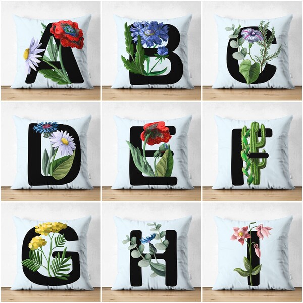 Letter Pillow Cover|Floral Alphabet Cushion Case|A to I Letter Throw Pillow Top|Unique Sofa Decor|Decorative English Alphabet with Flowers