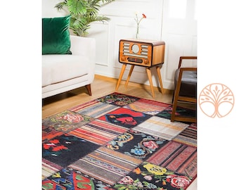 Patchwork Rug|Abstract Machine-Washable Non-Slip Rug|Colorful Farmhouse Washable Carpet|Decorative Area Rug|Multi-Purpose Anti-Slip Carpet