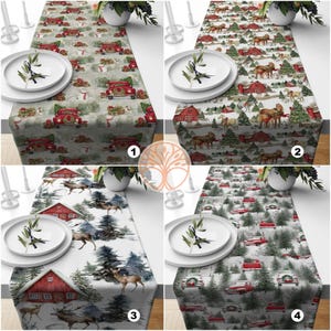 May include: Four different Christmas table runner designs. The first runner features red trucks with Christmas trees and presents. The second runner features red barns with horses and Christmas trees. The third runner features red barns with deer and Christmas trees. The fourth runner features red trucks with Christmas trees and presents.
