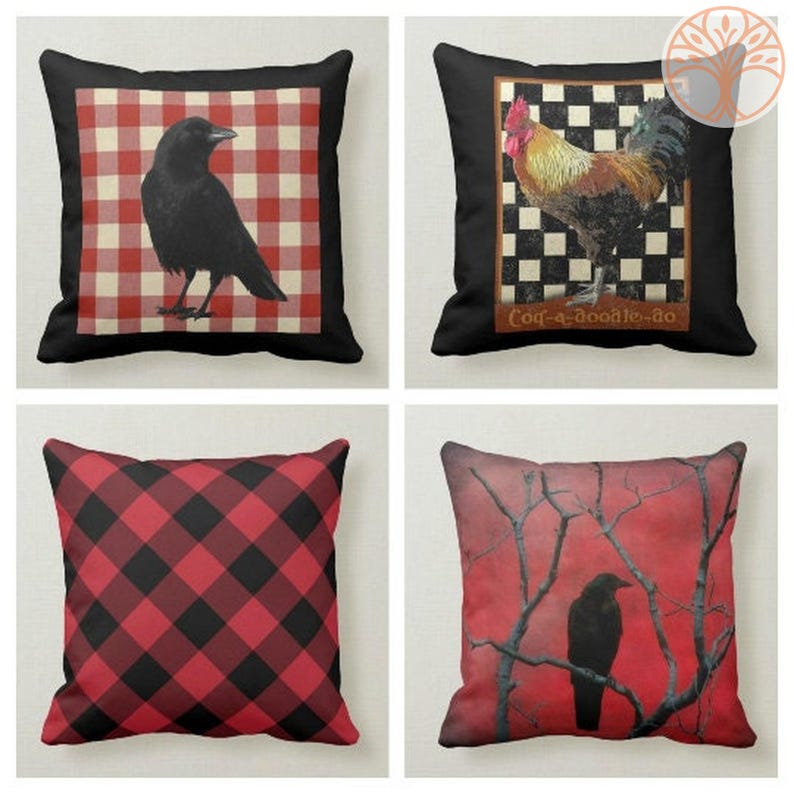 May include: Four different throw pillow designs featuring red and black plaid patterns, crows, and a rooster. The pillows are all square and have a black border.