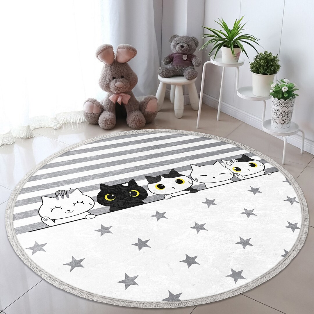 Cute Cats Circle Rug|fringed Cat Print Kid Carpet|non-slip Round Rug ...