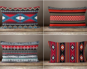 Rug Design Pillow Cover|Terracotta Southwestern Cushion Case|Rectangle Aztec Print Lumbar Pillow|Farmhouse Style Geometric Lumbar Pillowcase