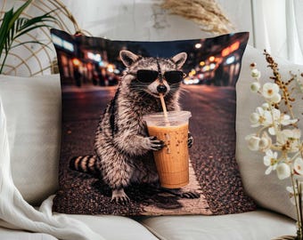 Cool Raccoon Drinking Coffee Pillow Cover|Funny Animal Throw Pillow Sham|Gift for Coffee Lovers