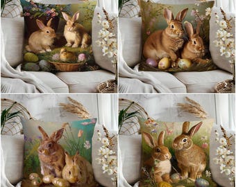 Easter Bunny Pillow Cover|Chick & Egg Basket Cushion Cover|Rustic Spring Farmhouse Decor