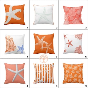 May include: Nine different pillow designs featuring various coral and starfish patterns in orange, white and blue colours. The pillows are all square and have a white background.