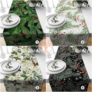 Christmas Table Runners|Winter Trend Table Runner|Green Leaves and Red Berries Home Decor|Green Coniferous on Black Background Tablecloth