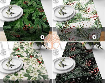 Christmas Table Runners|Winter Trend Table Runner|Green Leaves and Red Berries Home Decor|Green Coniferous on Black Background Tablecloth