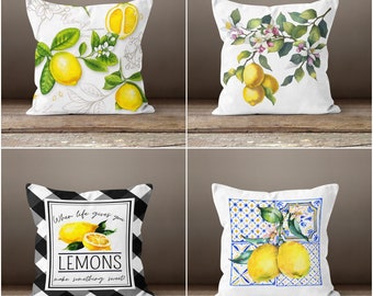 Floral Lemon Pillow Case|Black White Checkered Pillow Cover|Decorative Cushion|Housewarming Lemon Tree Case|Farmhouse Throw Pillow Cover