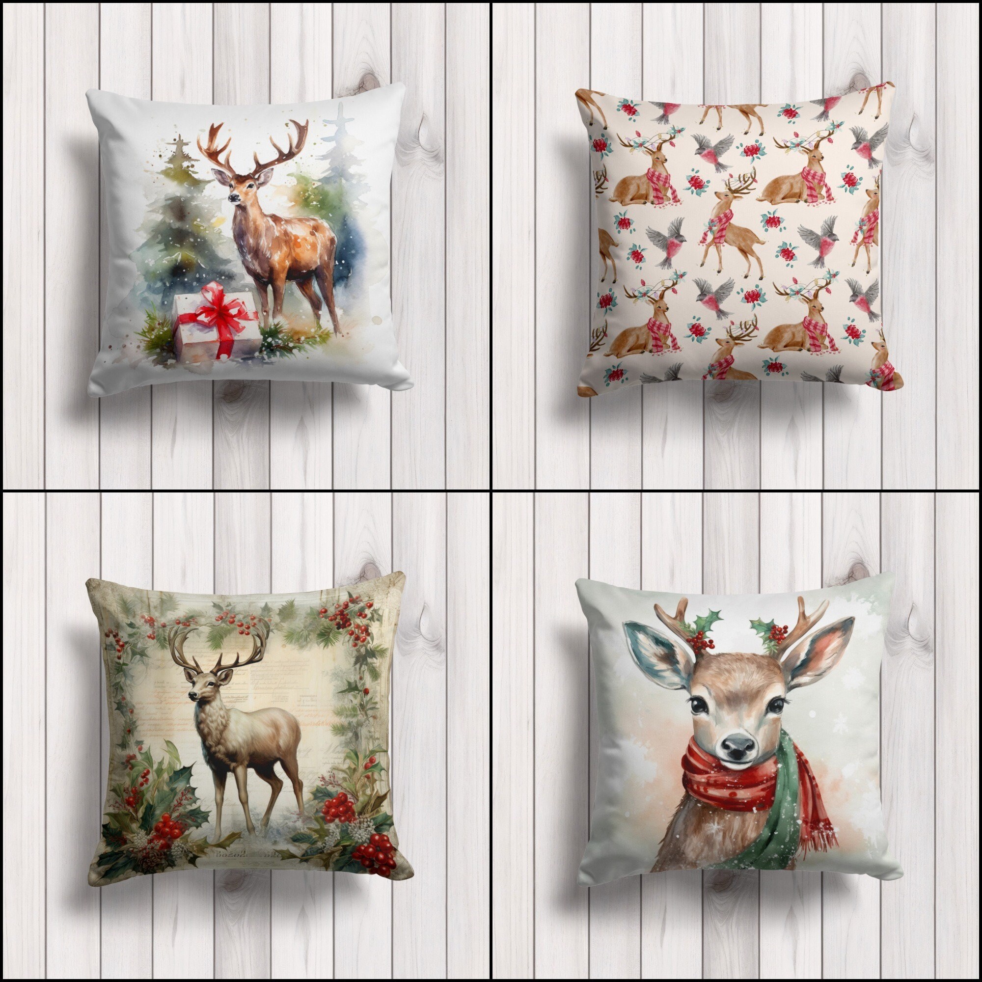 Reindeer Cushion Cover|Red Berry Porch Cushion Case|Xmas Deer Accent Pillowcase|Bird Outdoor Pillow Cover|Winter Throw Pillow Case