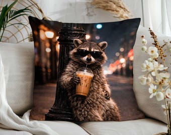 Raccoon Print Coffee Pillow Cover|Funny Raccoon Drinking Coffee Throw Pillow Sham|Gift for Coffee Lovers
