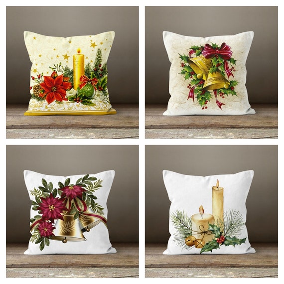 Christmas Pillow Coverxmas Flower With Candle and Jingle Bell Decorwinter Trend Throw Pillow Casexmas Gift Ideared Poinsettia Pillow Top Etsy Canada