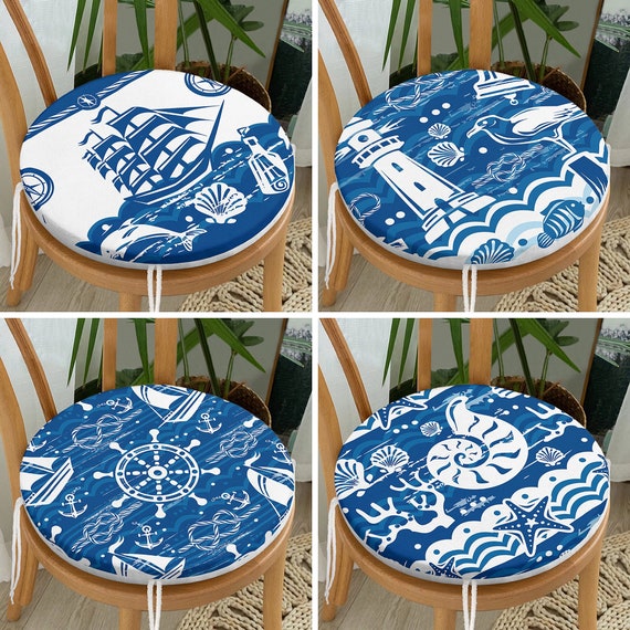 Set of 4 Round Chair Stool Cushionblue White Sailing Ship Wheel