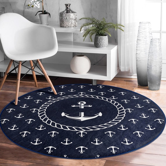 Nautical Round Rug|non-slip Round Carpet|blue White Navy Anchor