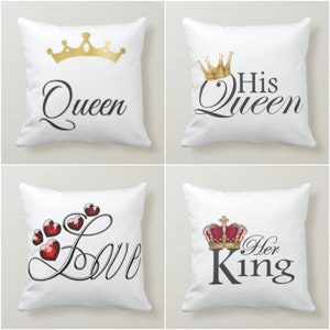 Love Throw Pillow Cover|Crown Print Valentine&#39;s Day Decor|Romantic Gift for Fiance|His Queen Her King Love Cushion Case|Couple Pillowcases