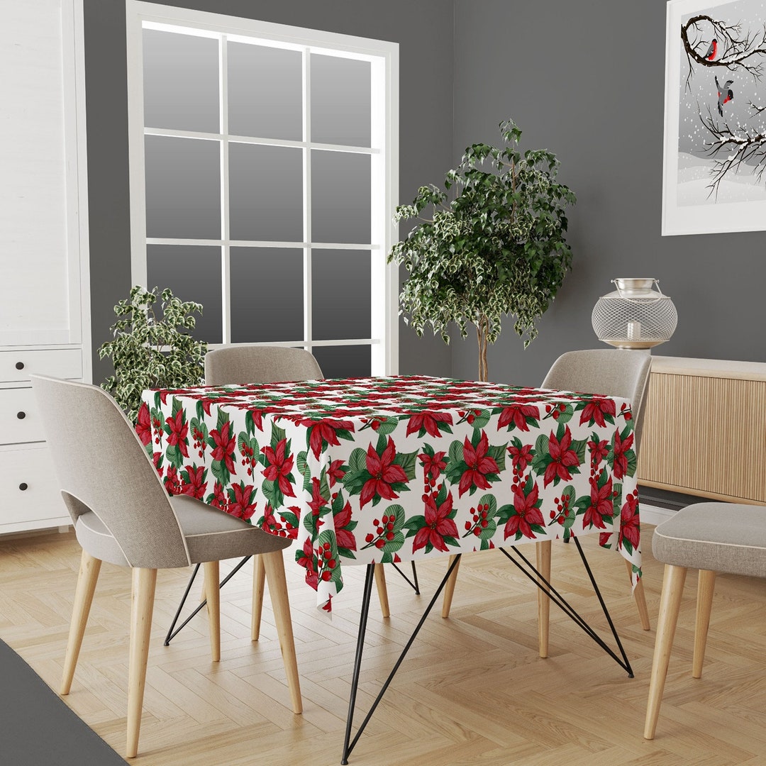 Christmas Tableclothred Poinsettia Tabletopred Berries Xmas Kitchen