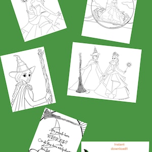 Wicked Coloring Pages set of five Elphaba and Glinda Instant download printable activity pages fan art