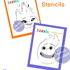 May include: Two pumpkin stencil designs featuring Elemental characters. One is framed in orange, the other in purple. Each stencil has a character face design with the word "Elemental" in colorful text. The words "Pumpkin Stencil" are also visible.