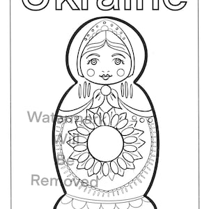 Può includere: Un disegno in bianco e nero di una tradizionale bambola russa, o bambola matrioska, con un motivo a girasole. La bambola indossa un foulard e ha un viso sorridente. Il testo "Ucraina" è scritto nella parte superiore dell'immagine.