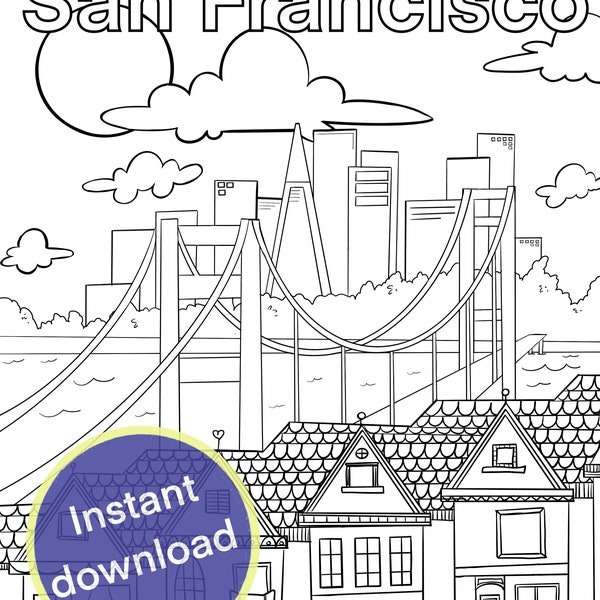 San Francisco CA Coloring Page for kids - Instant Download California Road Trip Vacation activity sheet educational