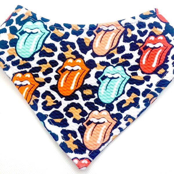 Tongue Out Leopard (bullet fabric), Dog Bandana, Pet Bandana, Adjustable Snap Bandana, Scoop Neck, Lips, Wild Child, TOT