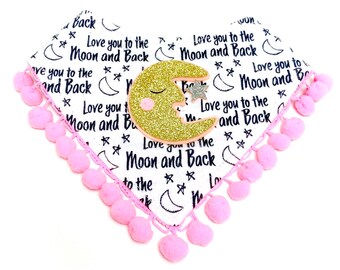 Love You To The Moon and Back (with Glittery Moon), Dog Bandana, Snap Bandana, Reversible Bandana, Poms Bandana, Glitter Moon, Flannel