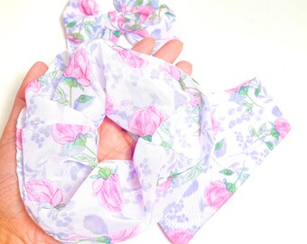 Pink Roses Chiffon Scrunchie, Over Sized Scrunchie, Spring Scrunchie, Floral Scrunchie, Hair Scrunchie, Ponytail Scrunchie