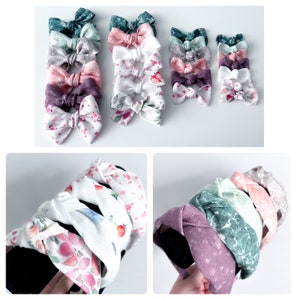 Puede incluir: Un conjunto de 12 lazos para el pelo en varios colores y patrones, incluyendo estampados florales, colores sólidos y patrones verde y blanco. Los lazos están dispuestos en filas, con la fila superior con lazos verdes, la segunda fila con lazos rosas y las filas restantes con lazos florales y de color sólido. Todos los lazos están hechos de tela y tienen un centro anudado.