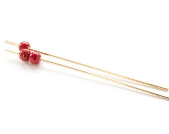 Handmade Solid Brass Tama Kanzashi Hair Sticks with Red Ceramic Beads - Set of 2