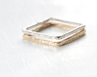 Handmade Gold and Silver Square Rings - Set of 2